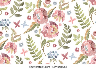 Floral seamless background pattern with mix wild flowers and leaves Line art. Embroidery flowers. Vector illustration. 