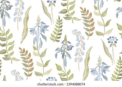 Floral seamless background pattern with mix wild flowers and leaves Line art. Embroidery flowers. Vector illustration. 