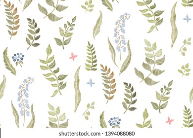 Floral seamless background pattern with mix wild flowers and leaves Line art. Embroidery flowers. Vector illustration. 