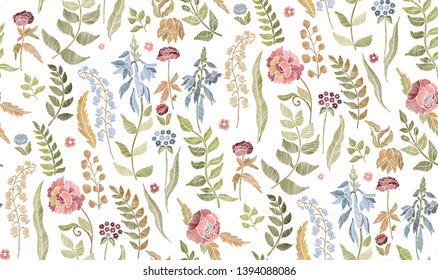 Floral seamless background pattern with mix wild flowers and leaves Line art. Embroidery flowers. Vector illustration. 