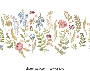 Floral seamless background pattern with mix wild flowers and leaves Line art. Embroidery flowers. Vector illustration. 