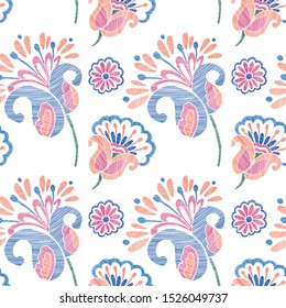 Floral seamless background pattern with mix wild flowers and leaves Line art. Embroidery flowers. Vector illustration. Textile design, wallpaper, card design.