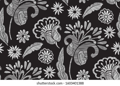 Floral seamless background pattern with mix wild flowers and leaves Line art. Embroidery flowers. Vector illustration. Textile design, wallpaper, card design.