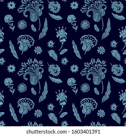 Floral seamless background pattern with mix wild flowers and leaves Line art. Embroidery flowers. Vector illustration. Textile design, wallpaper, card design.