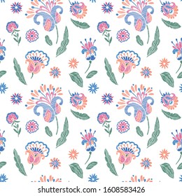 Floral seamless background pattern with mix wild flowers and leaves Line art. Embroidery flowers. Vector illustration. Textile design, wallpaper, card design.