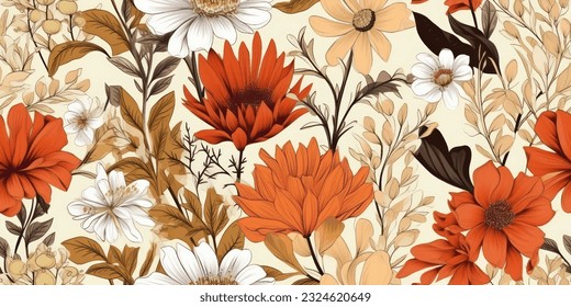 Floral seamless background pattern with mix wild flowers and leaves Line art. Embroidery flowers. Vector