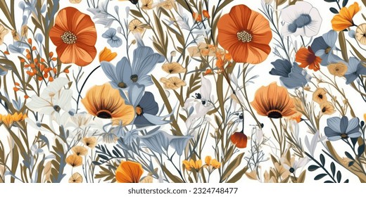 Floral seamless background pattern with mix wild flowers and leaves Line art. Embroidery flowers. Vector