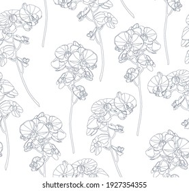 Patrón de fondo floral sin fisuras con flores y hojas de orquídeas. Ilustración botánica dibujada a mano. Impresión textil, muestra de tela, papel envolvente.