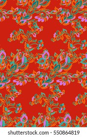Floral seamless background pattern in oriental style. Indian flowers and leaves. Vector illustration hand drawn. 