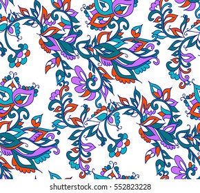 Floral seamless background pattern in oriental style. Indian flowers and leaves. Vector illustration hand drawn. 