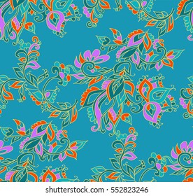 Floral seamless background pattern in oriental style. Indian flowers and leaves. Vector illustration hand drawn. 