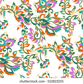 Floral seamless background pattern in oriental style. Indian flowers and leaves. Vector illustration hand drawn. 