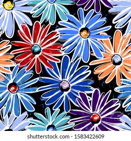 floral seamless background pattern, with paint strokes and splashes, on black