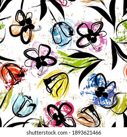 floral seamless background pattern, with paint strokes and splashes, colorful