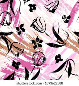 floral seamless background pattern, with paint strokes and splashes