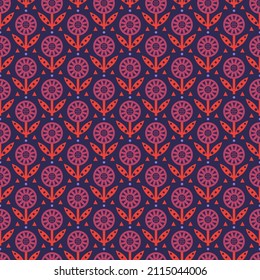Floral seamless background. Pattern with red flowers decorated with triangles and circles on dark blue backdrop. Repeated decorative design in flat style. Vector illustration.