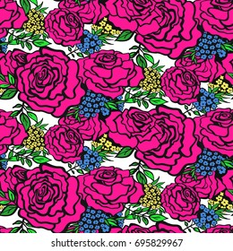 Floral seamless background pattern with roses, spring - summer season. Vector illustration for textile, wrapping paper, wallpaper, Curtains.