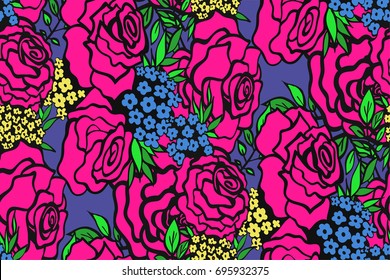 Floral seamless background pattern with roses, spring - summer season. Vector illustration for textile, wrapping paper, wallpaper, curtains.