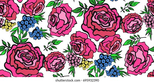 Floral seamless background pattern with roses, spring - summer season. Vector illustration for textile, wrapping paper, wallpaper, curtains.