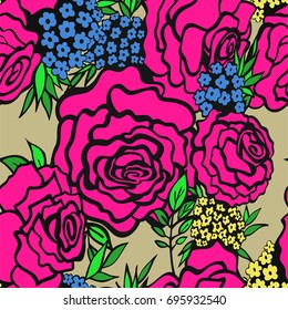 Floral seamless background pattern with roses, spring - summer season. Vector illustration for textile, wrapping paper, wallpaper, curtains.