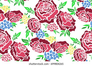 Floral seamless background pattern with roses, spring - summer season. Vector illustration for textile, wrapping paper, wallpaper, curtains.