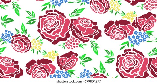 Floral seamless background pattern with roses, spring - summer season. Vector illustration for textile, wrapping paper, wallpaper, curtains.