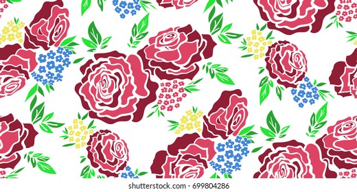 Floral seamless background pattern with roses, spring - summer season. Vector illustration for textile, wrapping paper, wallpaper, curtains.