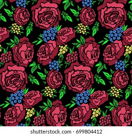 Floral seamless background pattern with roses, spring - summer season. Vector illustration for textile, wrapping paper, wallpaper, curtains.