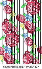 Floral seamless background pattern with roses, spring - summer season. Vector illustration for textile, wrapping paper, wallpaper, curtains.