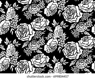 Floral seamless background pattern with roses, spring - summer season. Vector illustration for textile, wrapping paper, wallpaper, curtains.