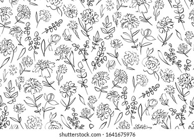 Floral seamless background pattern. Spring lowers hand drawn, vector. Line art. Spring summer season. Fabric swatch, textile design,wrapping, paper