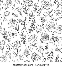 Floral seamless background pattern. Spring lowers hand drawn, vector. Line art. Spring summer season. Fabric swatch, textile design,wrapping, paper