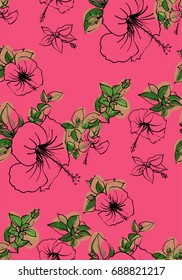 Floral seamless background pattern spring - summer season. Hibiscus flowers hand drawn.Vector illustration for textile, wrapping paper, wallpaper, curtains .
