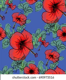 Floral seamless background pattern spring - summer season. Hibiscus flowers hand drawn.Vector illustration for textile, wrapping paper, wallpaper, curtains .
