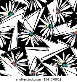 floral seamless background pattern, with triangles, paint strokes and splashes, black and white
