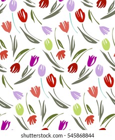 Floral seamless background pattern with tulips. Spring flowers blossom vector illustration hand drawn. 