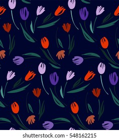 Floral seamless background pattern with tulips. Spring flowers blossom vector illustration hand drawn. 