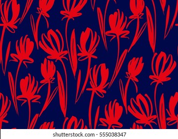 Floral seamless background pattern with tulips. Spring flowers blossom vector illustration hand drawn.