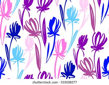 Floral seamless background pattern with tulips. Spring flowers blossom vector illustration hand drawn.