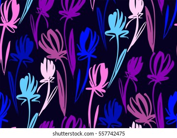 Floral seamless background pattern with tulips. Spring flowers blossom vector illustration hand drawn.