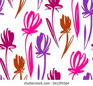 Floral seamless background pattern with tulips. Spring flowers blossom vector illustration hand drawn.