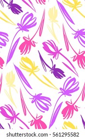 Floral seamless background pattern with tulips. Spring flowers blossom vector illustration hand drawn.