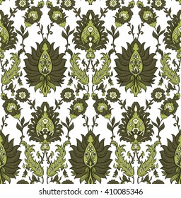 Floral seamless background pattern wallpaper with flowers. Vector illustration of green flowers. 