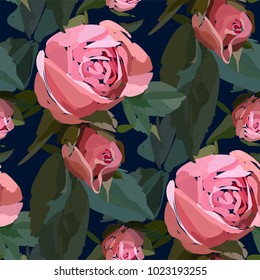 Floral seamless background pattern. Watercolor pink garden roses in hand drawn style. Elegant flowers , vector illustration for textile, wrapping paper, wedding card.