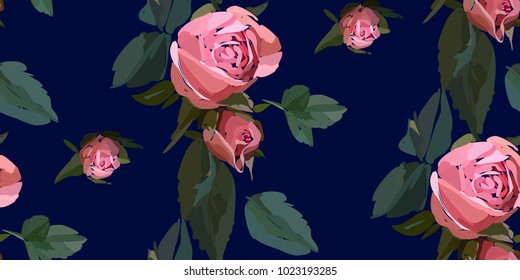 Floral seamless background pattern. Watercolor pink garden roses in hand drawn style. Elegant flowers , vector illustration for textile, wrapping paper, wedding card.