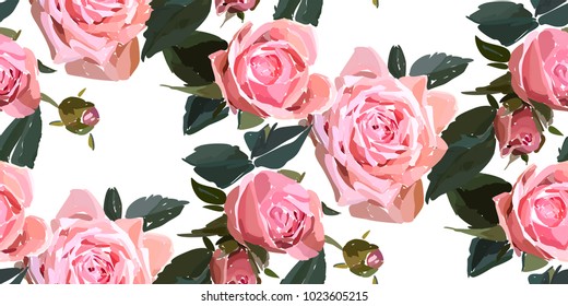 Floral seamless background pattern. Watercolor pink garden roses in hand drawn style. Elegant flowers , vector illustration for textile, wrapping paper, wedding card.