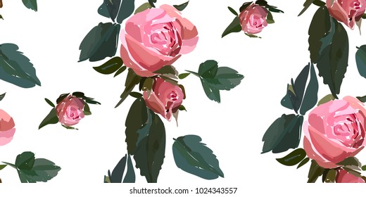 Floral seamless background pattern. Watercolor pink garden roses in hand drawn style. Elegant flowers , vector illustration for textile, wrapping paper, wedding card.