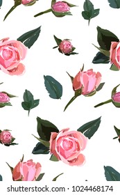 Floral seamless background pattern. Watercolor pink garden roses in hand drawn style. Elegant flowers, vector illustration for textile, wrapping paper, wedding card.