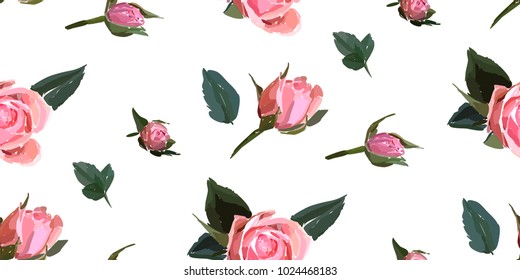 Floral seamless background pattern. Watercolor pink garden roses in hand drawn style. Elegant flowers, vector illustration for textile, wrapping paper, wedding card.