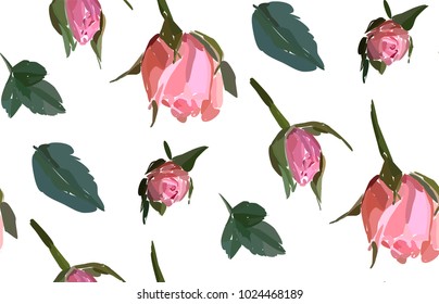 Floral seamless background pattern. Watercolor pink garden roses in hand drawn style. Elegant flowers, vector illustration for textile, wrapping paper, wedding card.